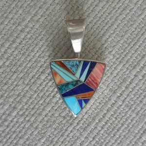 Reversible Inlay Native American Pendant, Triangle Shape, Sterling Silver, Stone